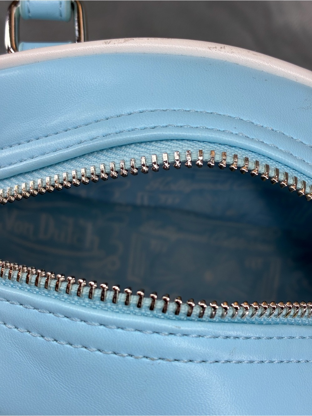 Von Dutch Light Blue & White Cowprint Mini Satchel with Yellow Logo - Picture 5 of 6